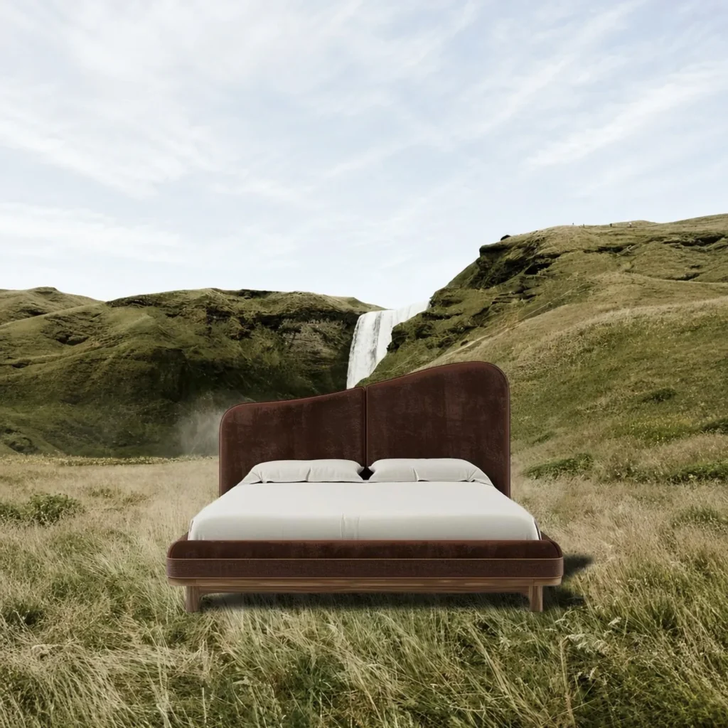 Luanjing Velvet Bed with Sculpted Headboard in clay — front view
