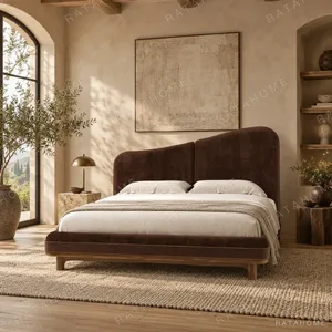 Luanjing Velvet Bed with Sculpted Headboard in clay — in a room setting