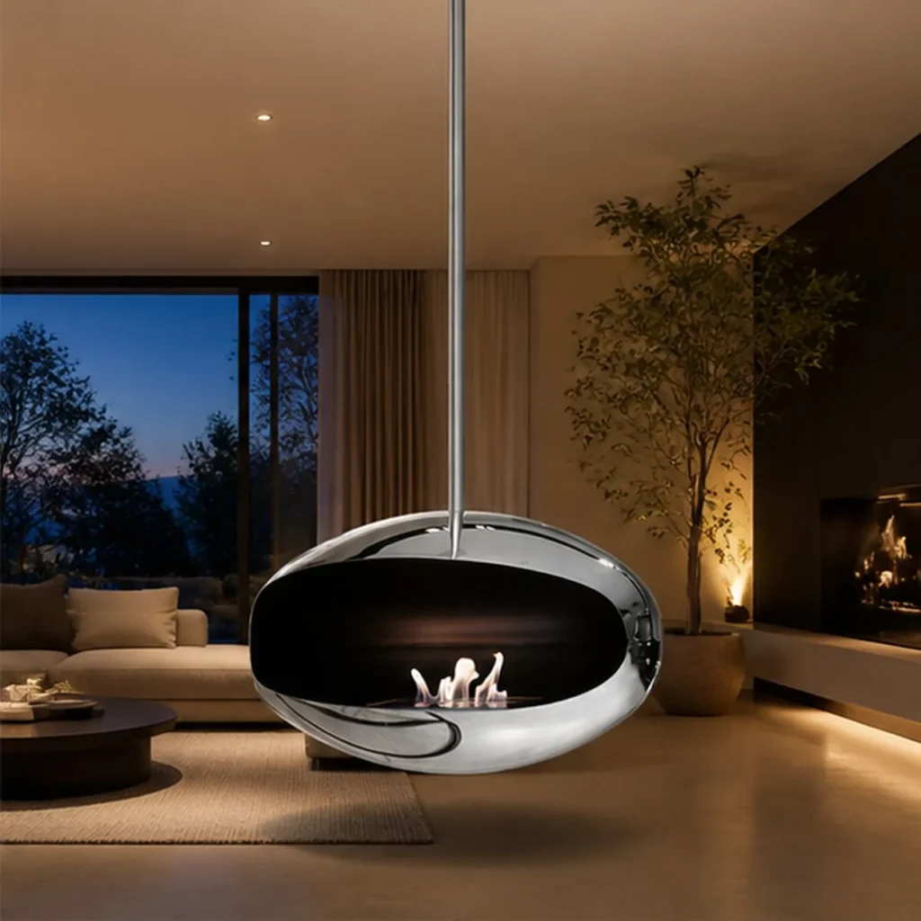 Lucas Suspended Mirror-Polished Egg Fireplace, 60 cm in silver — front view
