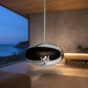 Lucas Suspended Mirror-Polished Egg Fireplace, 60 cm in silver — in a room setting