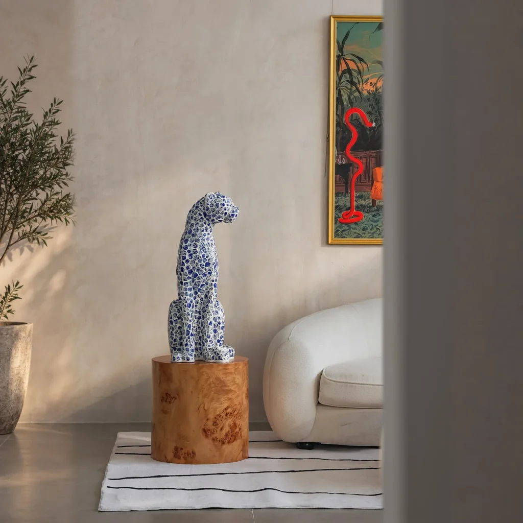 Blue and White Porcelain Mosaic Leopard Sculpture in blue — front view