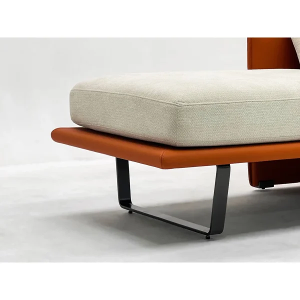 Luggage Chaise Lounge in Cream Fabric on Rust Leather Frame — in a room setting