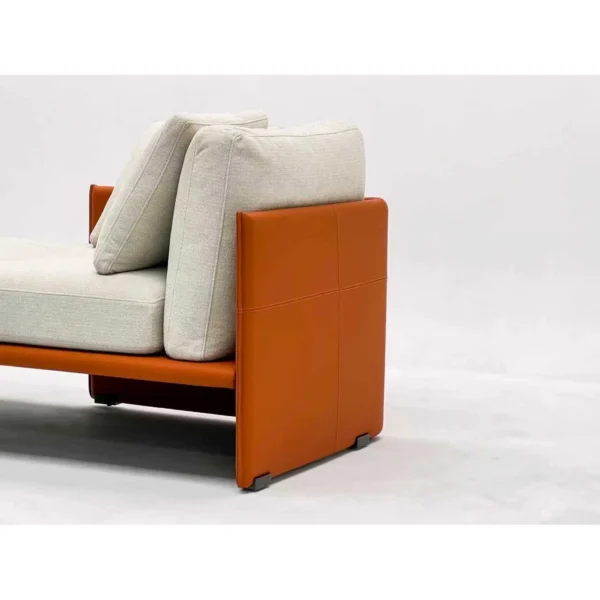 Luggage Chaise Lounge in Cream Fabric on Rust Leather Frame — in a room setting