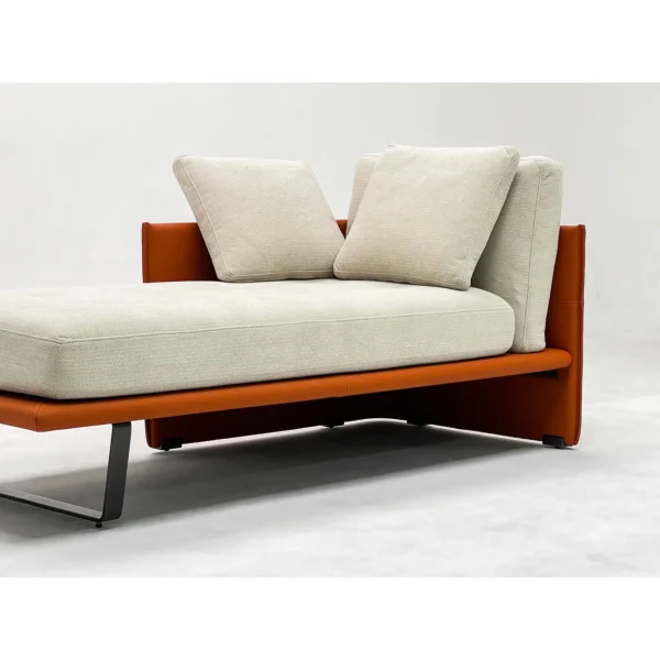 Luggage Chaise Lounge in Cream Fabric on Rust Leather Frame — in a room setting