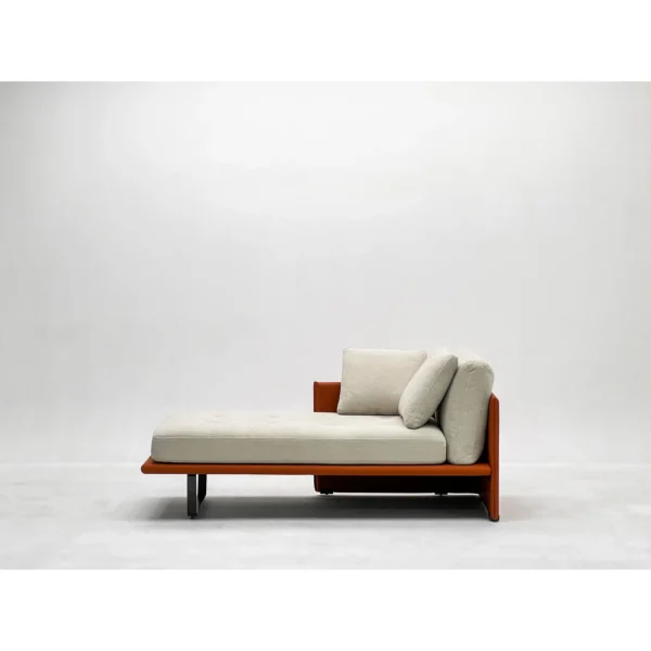 Luggage Chaise Lounge in Cream Fabric on Rust Leather Frame — in a room setting