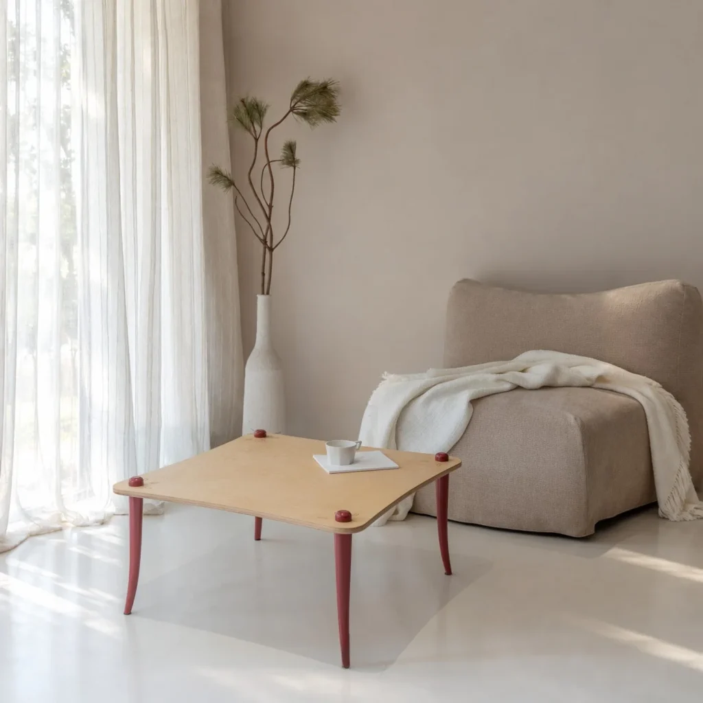 Luoli Curved Wood Coffee Table with Red Splayed Legs in natural oak — front view