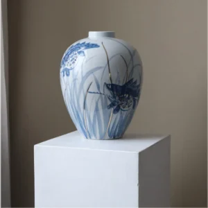 Hand-Painted Blue and White Mandarin Fish Jar in blue — front view