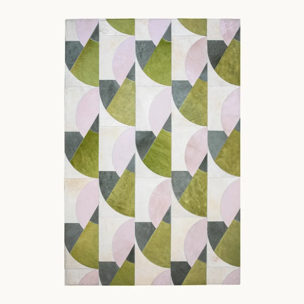 Cowhide Half-Circle Pattern Rug in Olive, Blush and Cream — front view