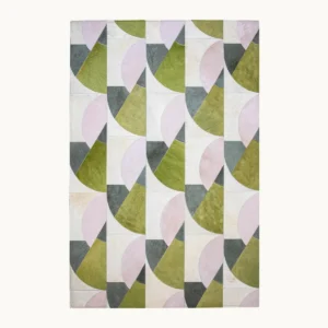 Cowhide Half-Circle Pattern Rug in Olive, Blush and Cream — front view