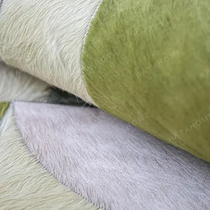 Cowhide Half-Circle Pattern Rug in Olive, Blush and Cream — in a room setting