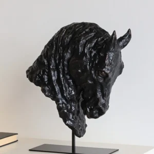 Silent Shadow Black Horse Head Sculpture on Iron Stand in black — front view