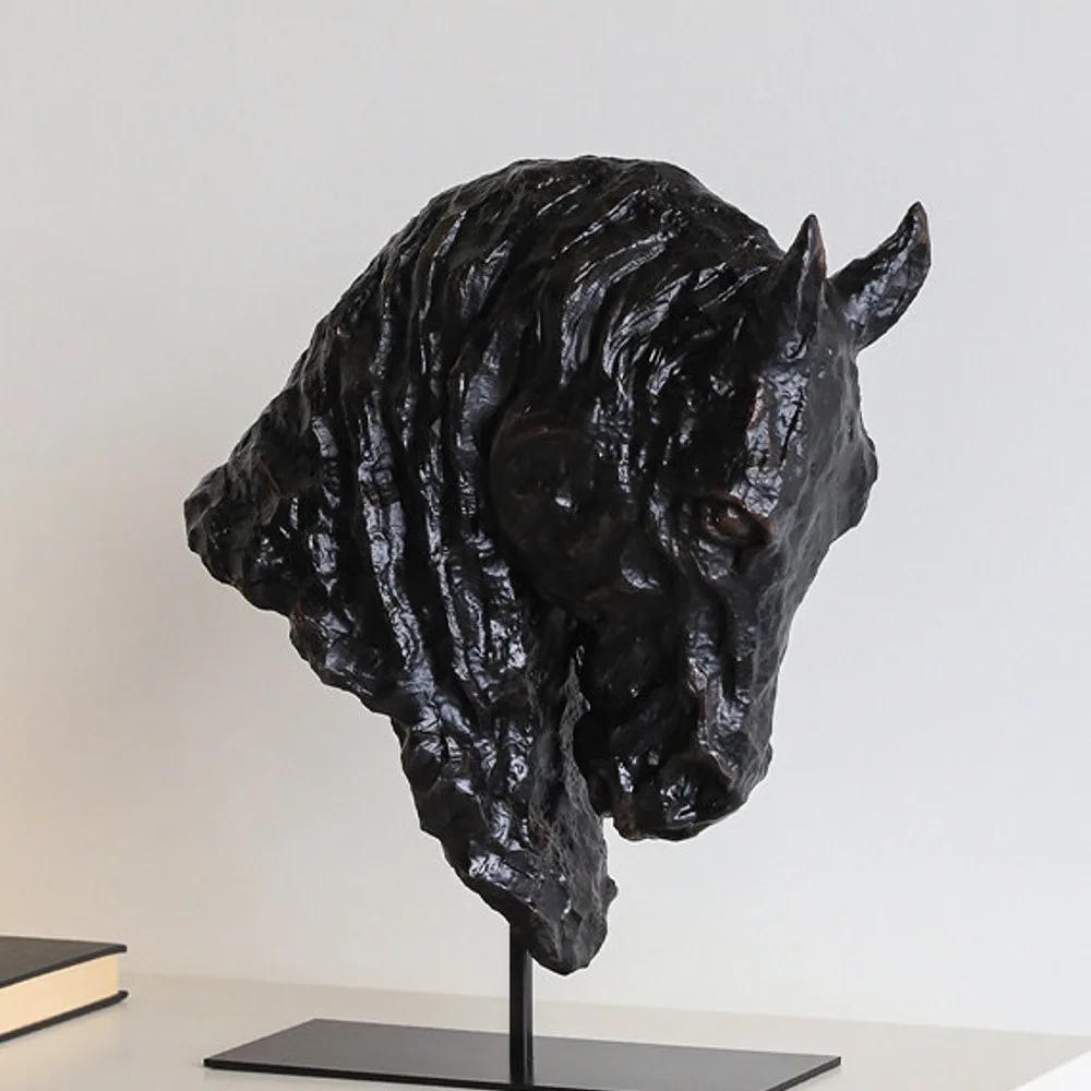 Silent Shadow Black Horse Head Sculpture on Iron Stand in black — front view