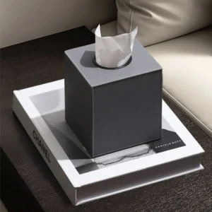 Leather Cube Tissue Box and Storage Boxes in Charcoal — front view