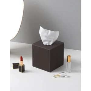Leather Cube Tissue Box and Storage Boxes in Charcoal — in a room setting