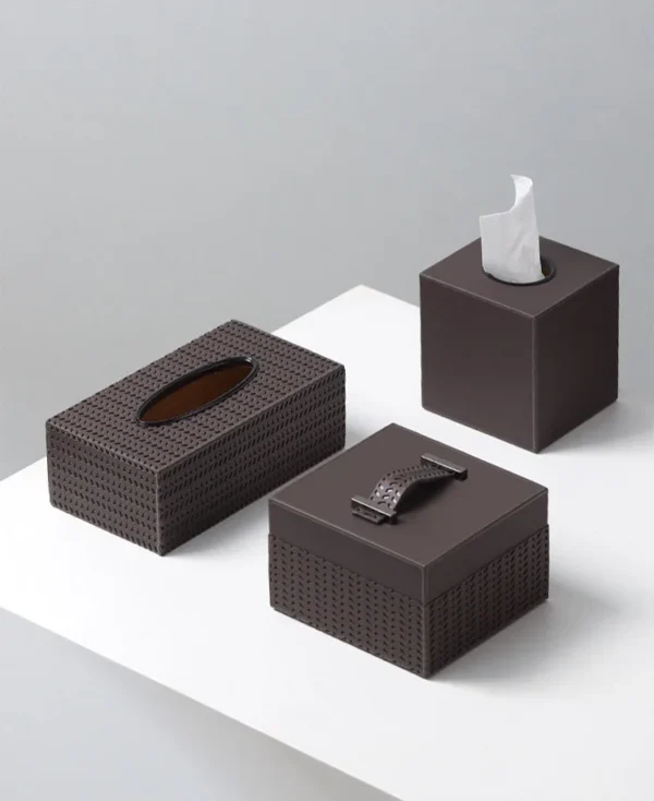 Leather Cube Tissue Box and Storage Boxes in Charcoal — in a room setting