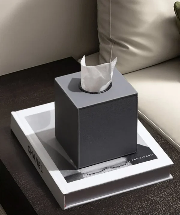 Leather Cube Tissue Box and Storage Boxes in Charcoal — in a room setting