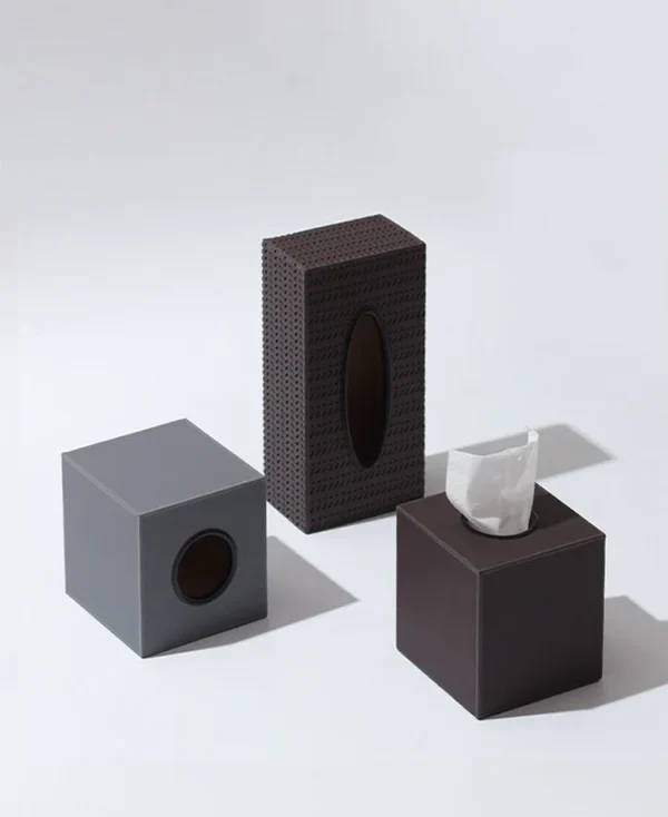 Leather Cube Tissue Box and Storage Boxes in Charcoal — in a room setting