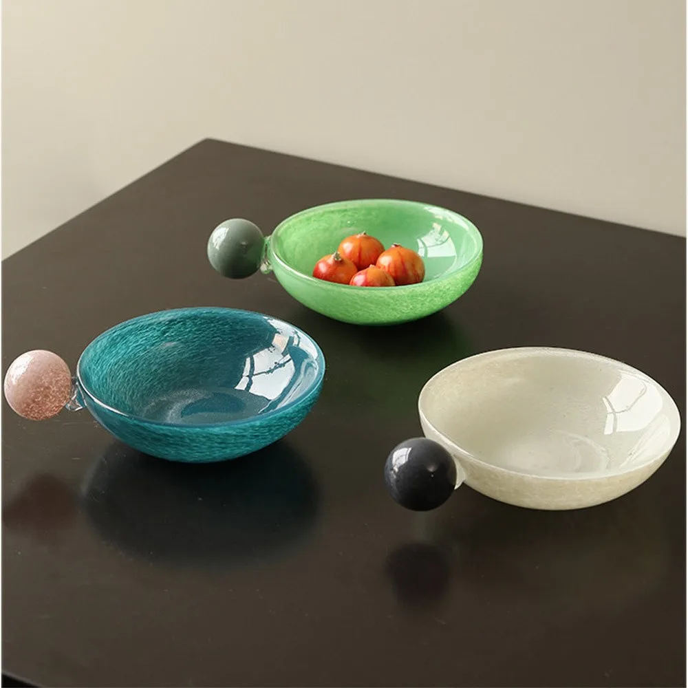 Coloured Glass Candy Trays with Ball Handle, Four Colours in olive — front view