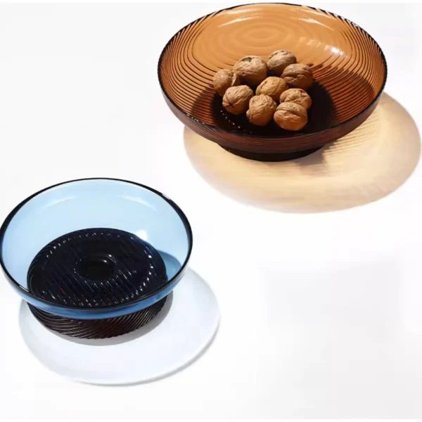 Ribbed Amber Glass Footed Fruit Bowl, Short or Tall in clay — in a room setting