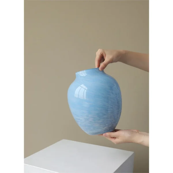 Cloud Texture Blue Glass Peony Vase, Medium in blue — in a room setting