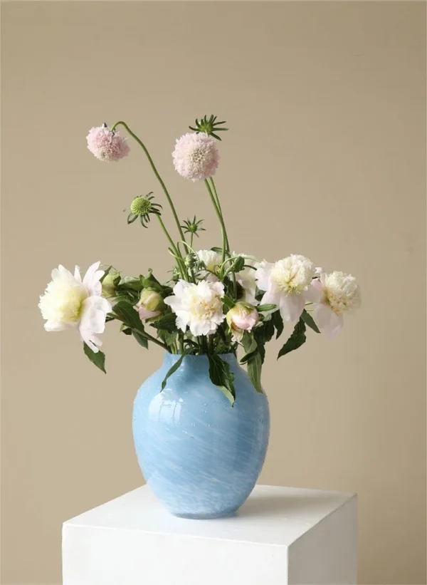 Cloud Texture Blue Glass Peony Vase, Medium in blue — in a room setting