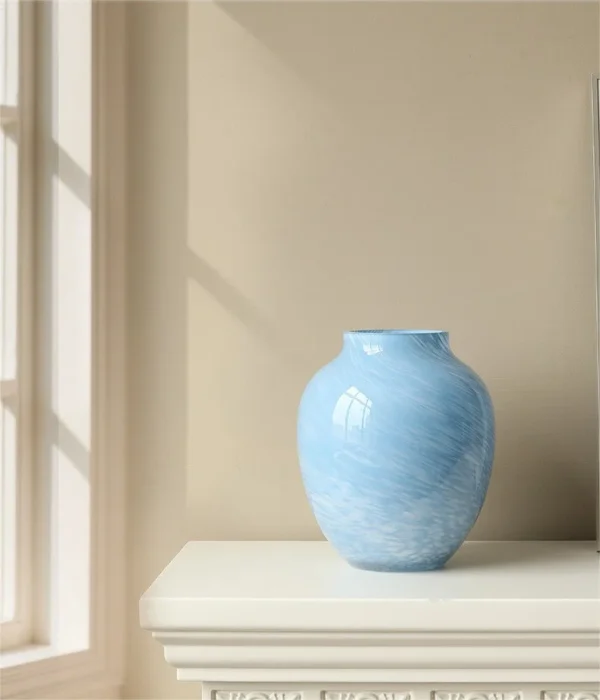 Cloud Texture Blue Glass Peony Vase, Medium in blue — in a room setting