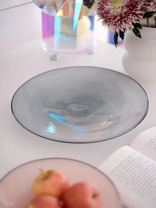 Coloured Glass Fruit Bowl in Pink, Bean or Grey, Two Sizes — in a room setting