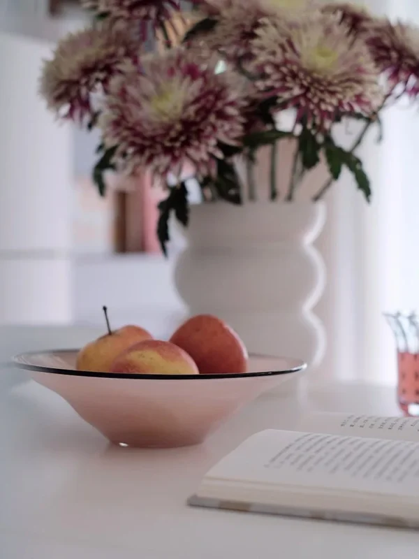 Coloured Glass Fruit Bowl in Pink, Bean or Grey, Two Sizes — in a room setting