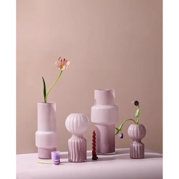 Light Peach Glass Vases in Mid-Century Forms, Three Sizes — in a room setting