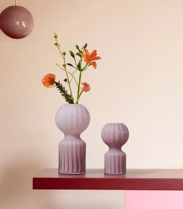 Light Peach Glass Vases in Mid-Century Forms, Three Sizes — in a room setting