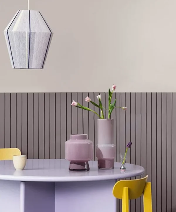 Light Peach Glass Vases in Mid-Century Forms, Three Sizes — in a room setting