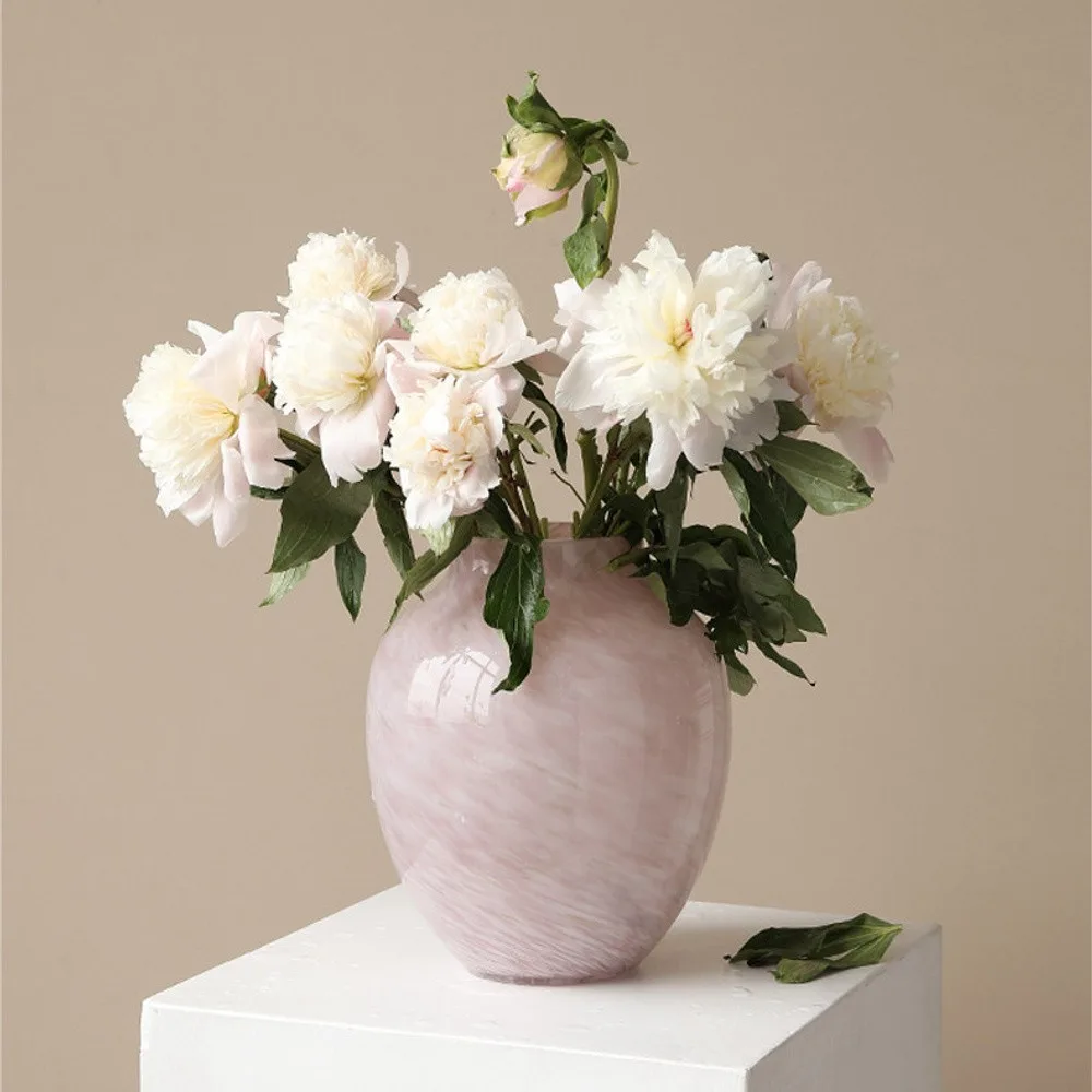 Cloud Texture Pale Pink Round-Belly Glass Vase, Medium in rose stone — front view