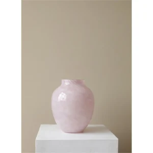 Cloud Texture Pale Pink Round-Belly Glass Vase, Medium in rose stone — in a room setting