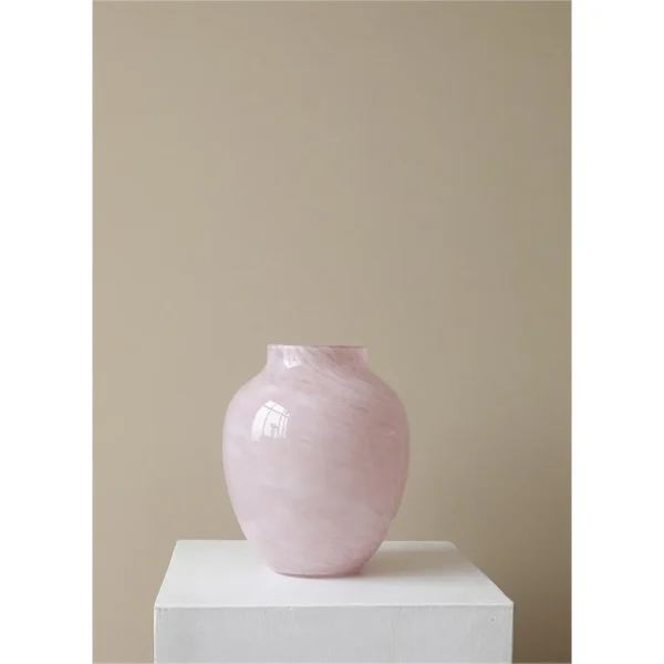 Cloud Texture Pale Pink Round-Belly Glass Vase, Medium in rose stone — in a room setting