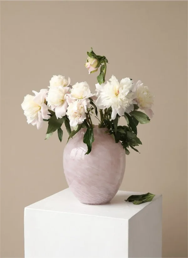 Cloud Texture Pale Pink Round-Belly Glass Vase, Medium in rose stone — in a room setting