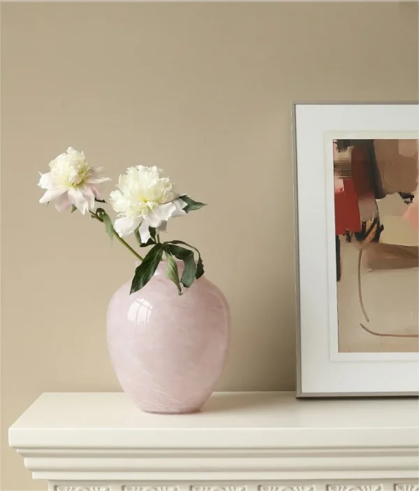 Cloud Texture Pale Pink Round-Belly Glass Vase, Medium in rose stone — in a room setting