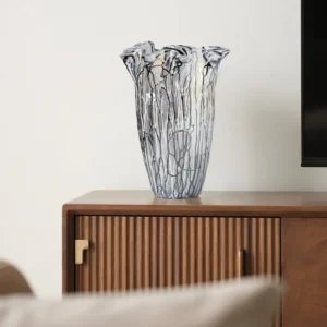 Black Line Ruffled Glass Vase, Large in ivory — front view