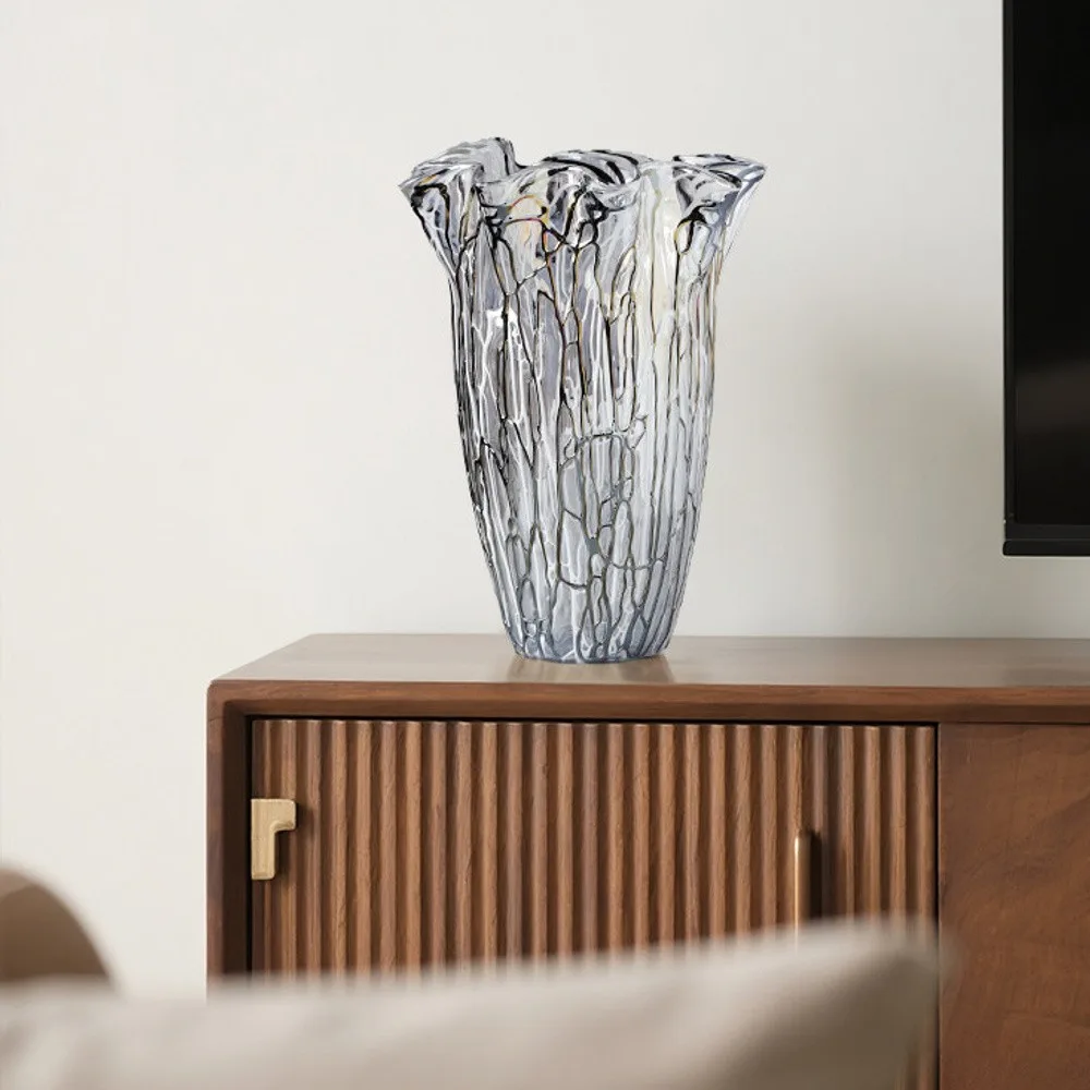 Black Line Ruffled Glass Vase, Large in ivory — front view