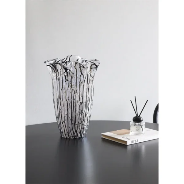 Black Line Ruffled Glass Vase, Large in ivory — in a room setting