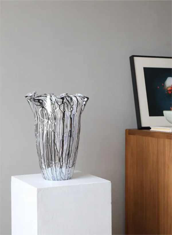 Black Line Ruffled Glass Vase, Large in ivory — in a room setting