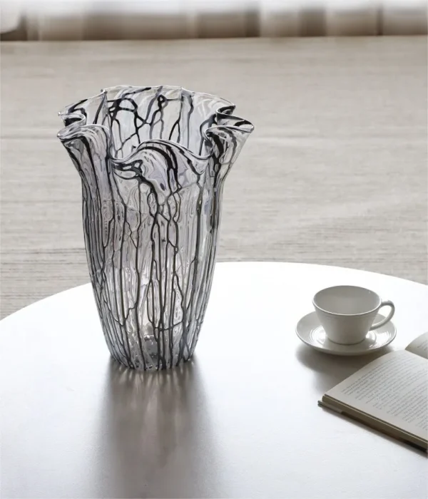 Black Line Ruffled Glass Vase, Large in ivory — in a room setting