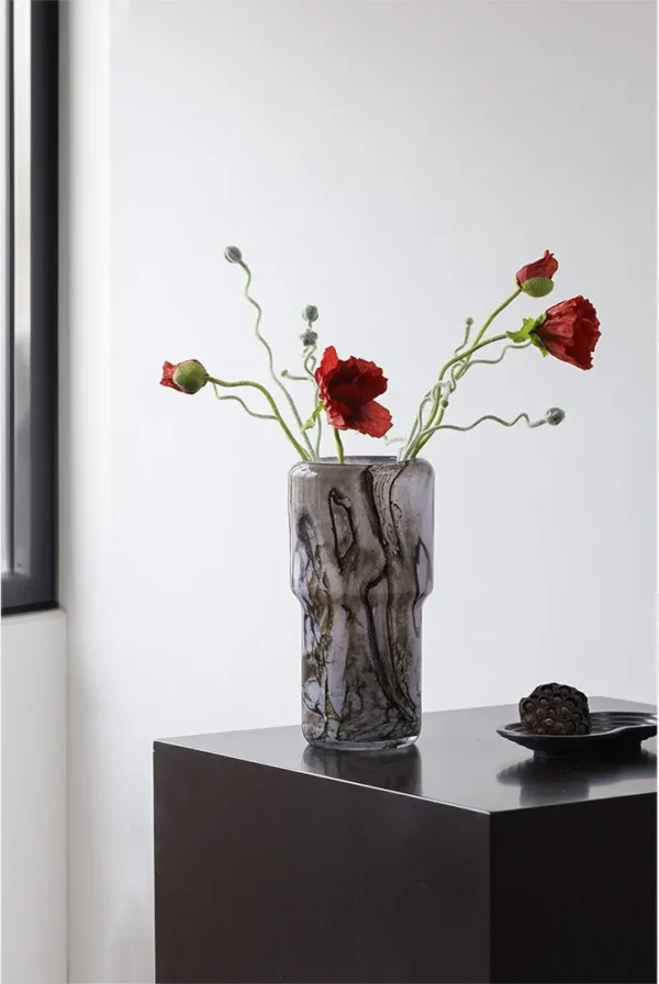Cloud-Pattern Glass Hurricane Vase in plum — in a room setting