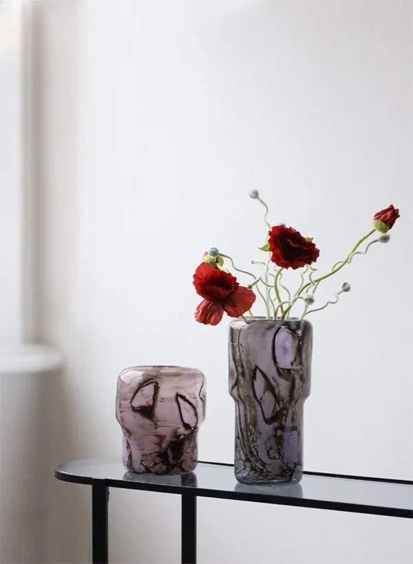 Cloud-Pattern Glass Hurricane Vase in plum — in a room setting
