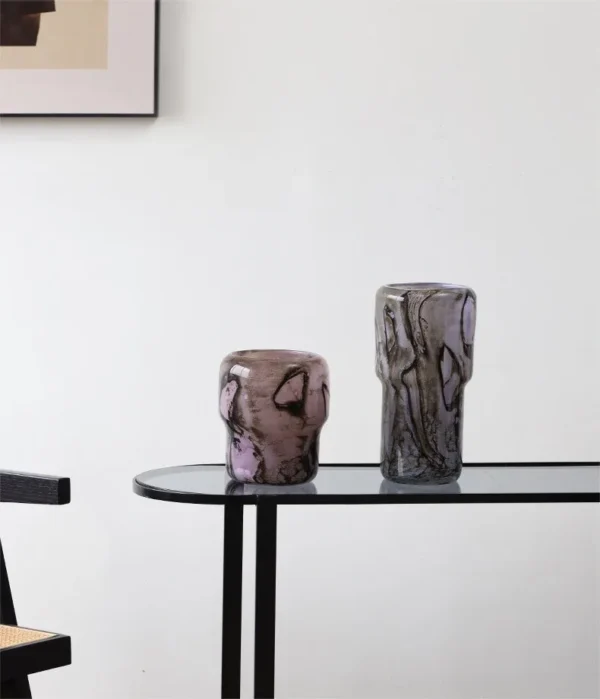 Cloud-Pattern Glass Hurricane Vase in plum — in a room setting