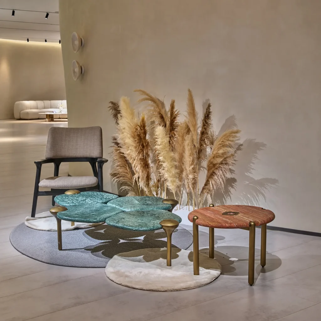 Flower Leaf Green and Terracotta Stone Coffee Table Set in olive — front view