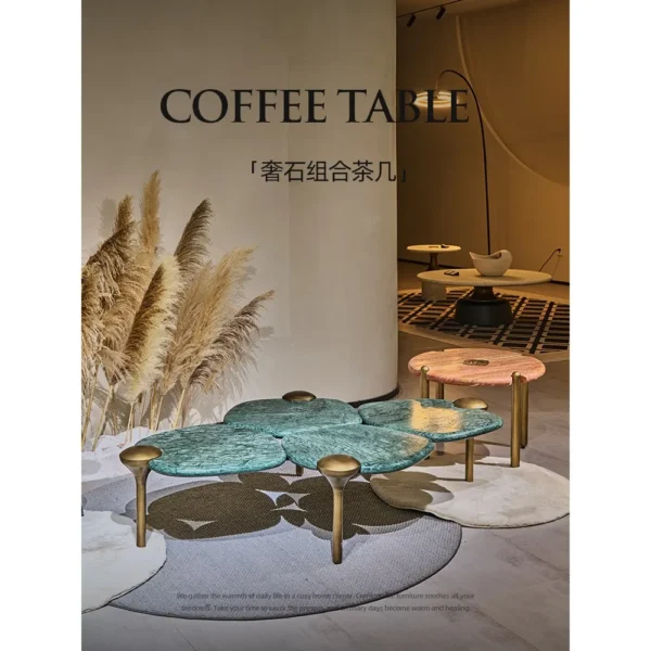 Flower Leaf Green and Terracotta Stone Coffee Table Set in olive — in a room setting