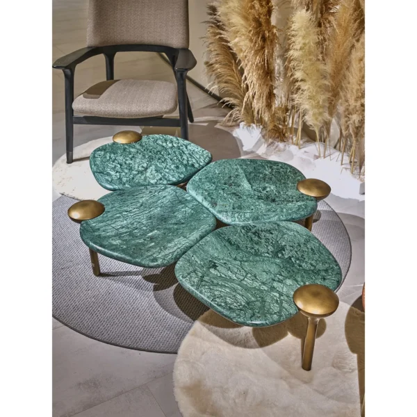 Flower Leaf Green and Terracotta Stone Coffee Table Set in olive — in a room setting