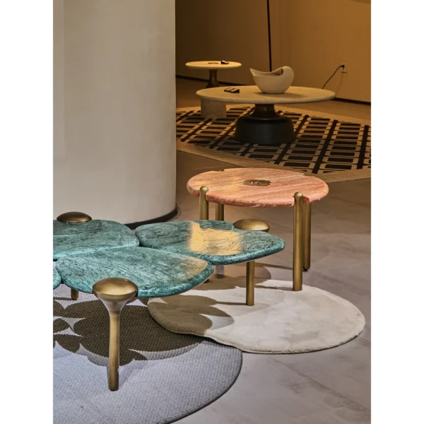 Flower Leaf Green and Terracotta Stone Coffee Table Set in olive — in a room setting