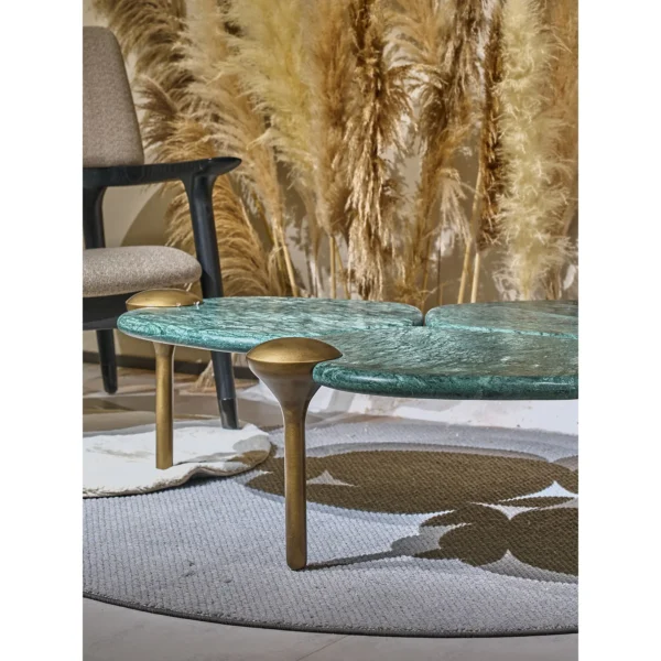 Flower Leaf Green and Terracotta Stone Coffee Table Set in olive — in a room setting