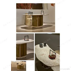French Pink Stone Tea Table on Bronze Column in rose stone — in a room setting